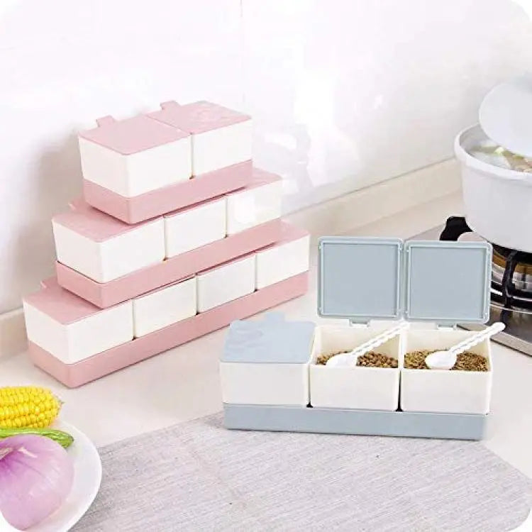3 Grid Spices Storage Box With Spoon
