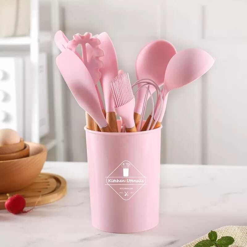 12pcs Non-Stick Silicone Kitchen Utensil Set with Wooden Handles