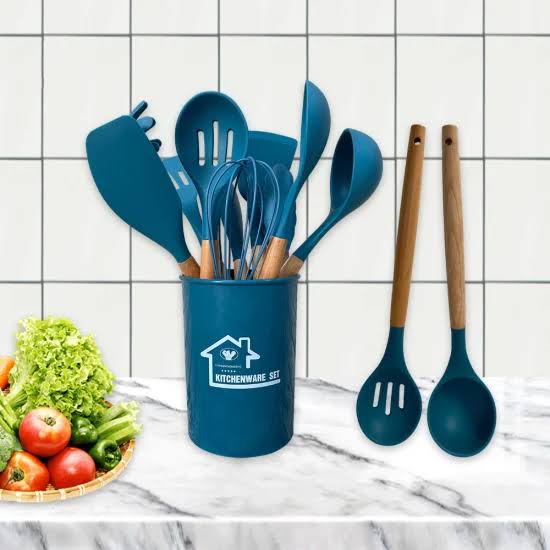 12pcs Non-Stick Silicone Kitchen Utensil Set with Wooden Handles