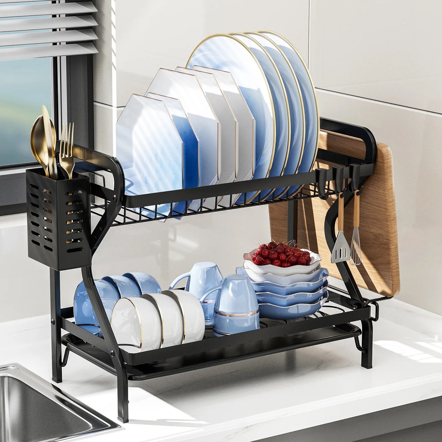 2 Tier Dish Drying Rack with Utensil Holder