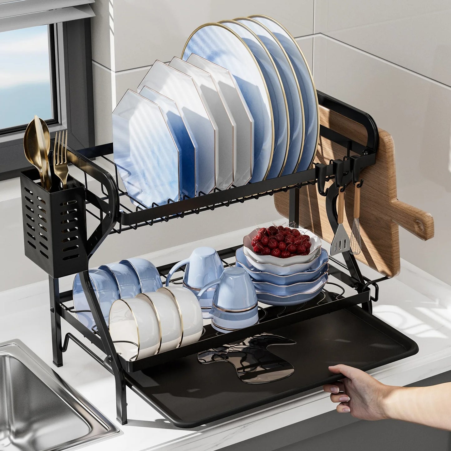 2 Tier Dish Drying Rack with Utensil Holder
