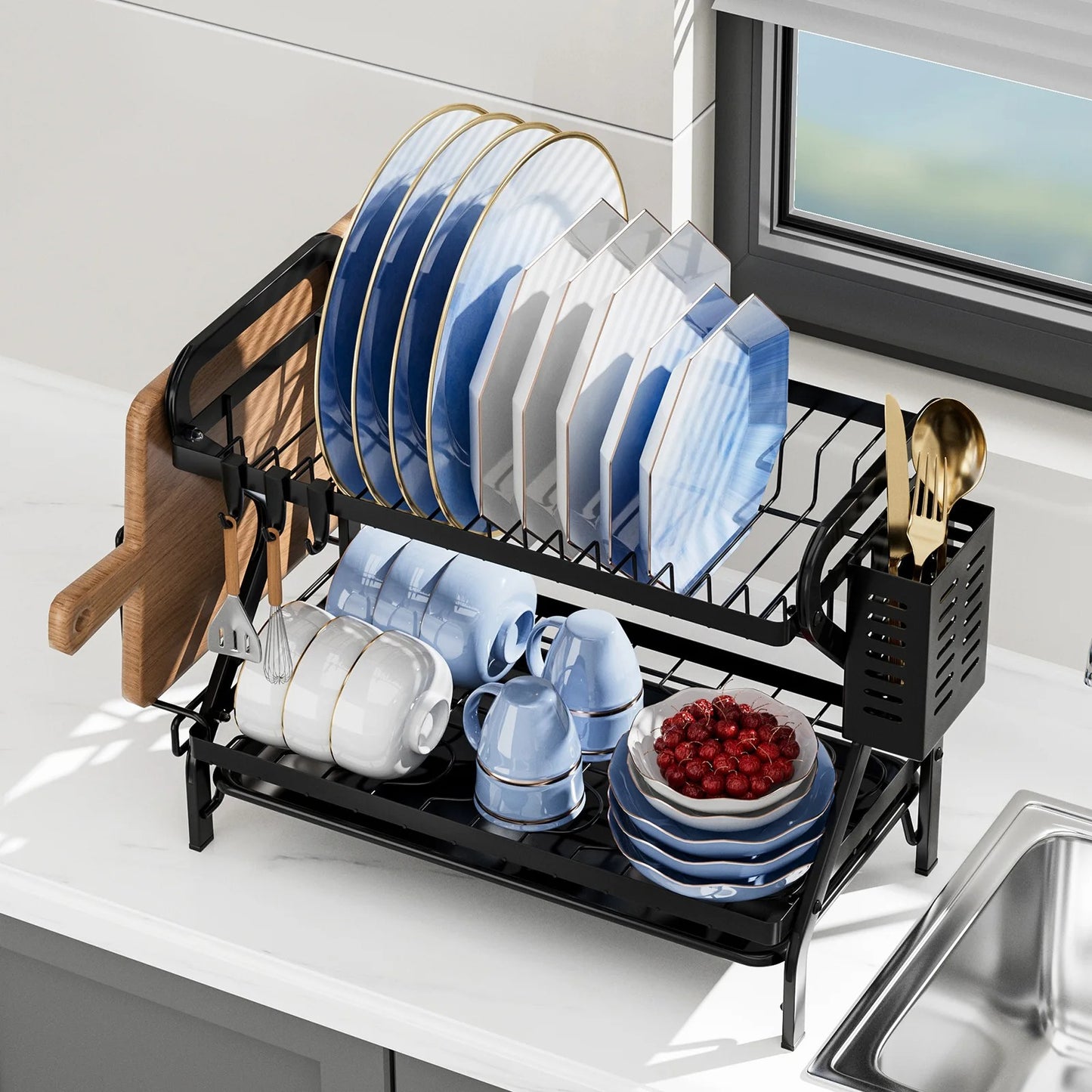 2 Tier Dish Drying Rack with Utensil Holder